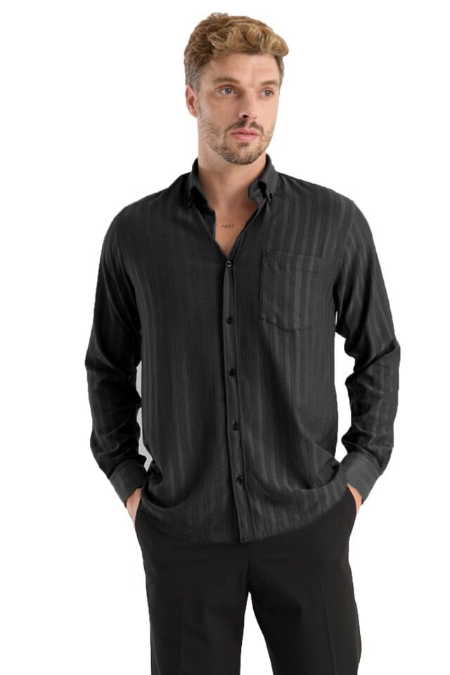 Varetta Erkek Siyah Gömlek Likralı Uzun Kollu Cepli Rahat Kalıp Salaş Dökümlü Pamuklu Günlük Şık Model