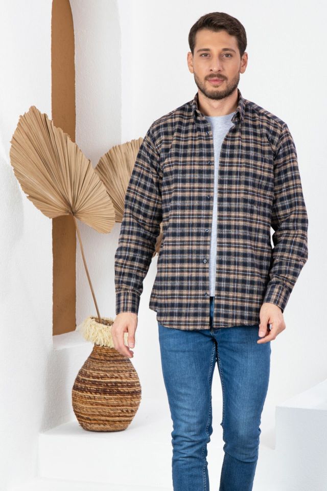 Varetta Erkek Bronz Kahve Kışlık Cepli Uzun Kollu Klasik Kesim Gömlek