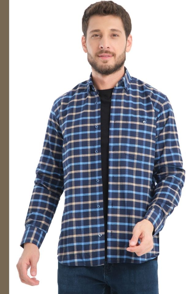 Varetta Erkek Lacivert Kışlık Kareli Yünlü Cepli Geniş Kesim Gömlek