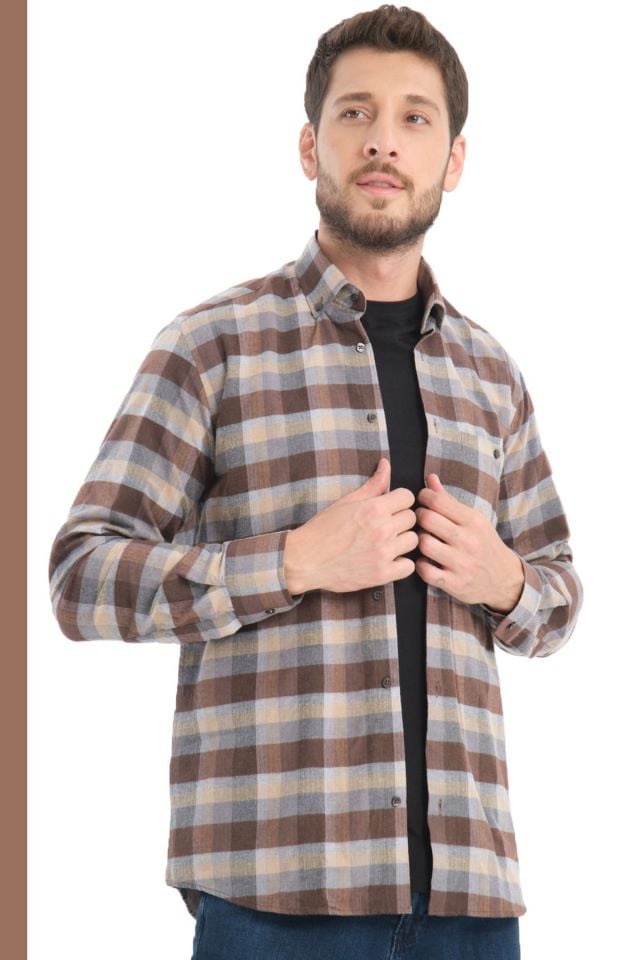 Varetta Erkek Kahverengi Kareli Yünlü Cepli Geniş Kesim Gömlek