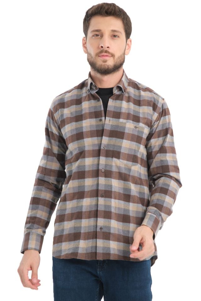 Varetta Erkek Kahverengi Kareli Yünlü Cepli Geniş Kesim Gömlek