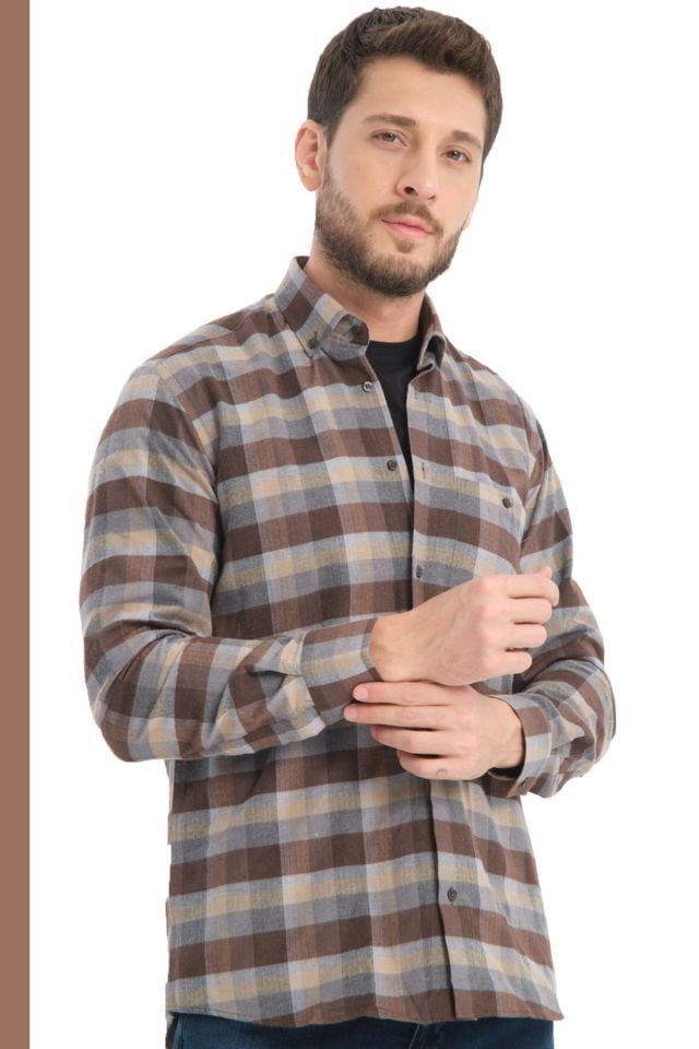 Varetta Erkek Kahverengi Kareli Yünlü Cepli Geniş Kesim Gömlek