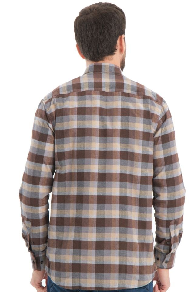 Varetta Erkek Kahverengi Kareli Yünlü Cepli Geniş Kesim Gömlek