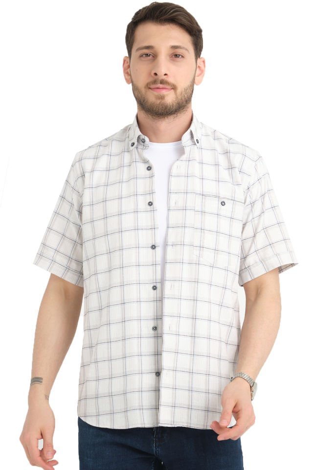 Varetta Erkek Beyaz Kısa Kollu Cepli Geniş Kesim Pamuklu Yazlık Kareli Gömlek