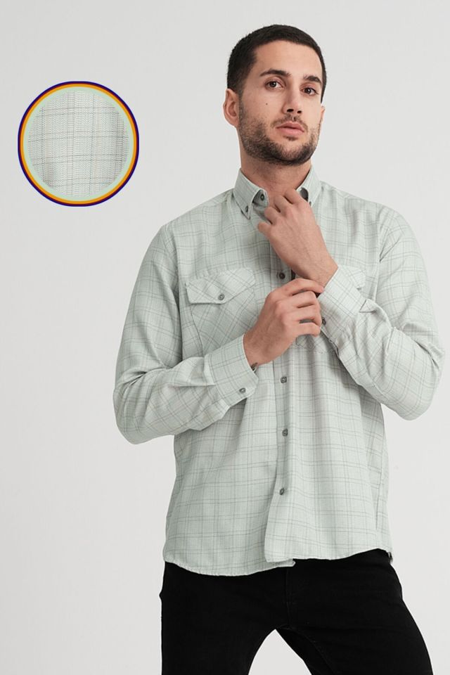Varetta Erkek Yeşil Kapaklı Çift Cepli Uzun Kollu Kareli Keten Efektli Gömlek