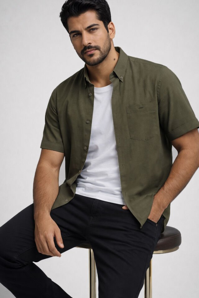 Varetta Erkek Yeşil Kısa Kollu Pamuk Saten Gömlek