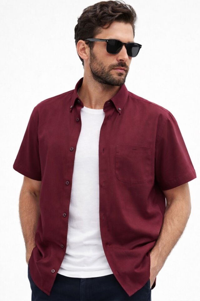 Varetta Erkek Bordo Kısa Kollu Pamuklu Gömlek