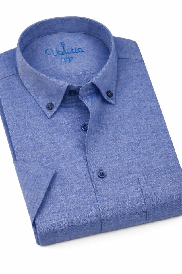 Erkek Mavi Gömlek Kısa Kollu Klasik Kesim Yaka Düğmeli Pamuk Saten