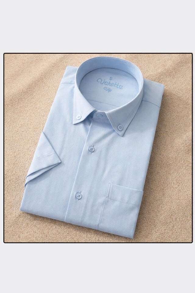 Varetta Erkek Mavi Kısa Kol Klasik Kesim Yaka Düğmeli Pamuk Saten Gömlek