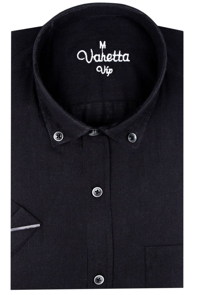 Varetta Erkek Siyah Keten Cepli Kısa Kollu Gömlek