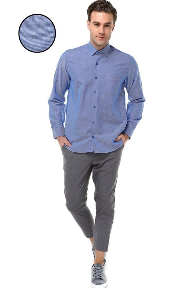 Varetta Erkek Koyu Mavi Oxfort Armürlü Düz Uzun Kol Gömlek