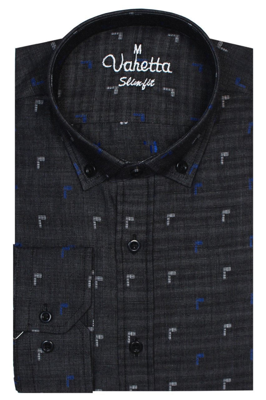 Erkek Siyah Yaka Düğmeli Slim Fit Apoletli Uzun Kollu Gömlek