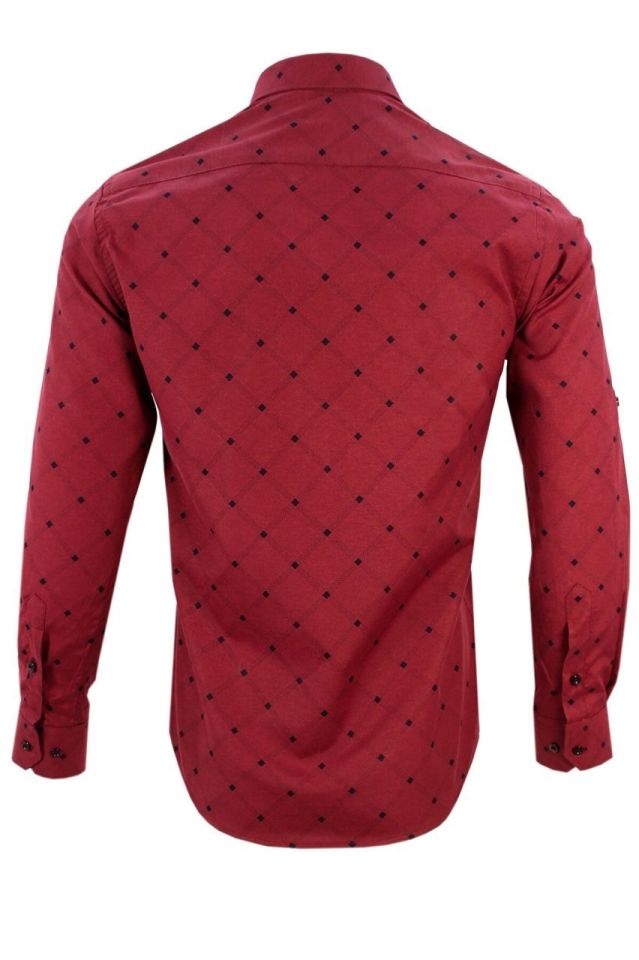Erkek Slim Fit Bordo Desenli Koldan Katlamalı Erkek Gömlek