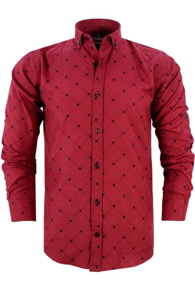 Erkek Slim Fit Bordo Desenli Koldan Katlamalı Erkek Gömlek