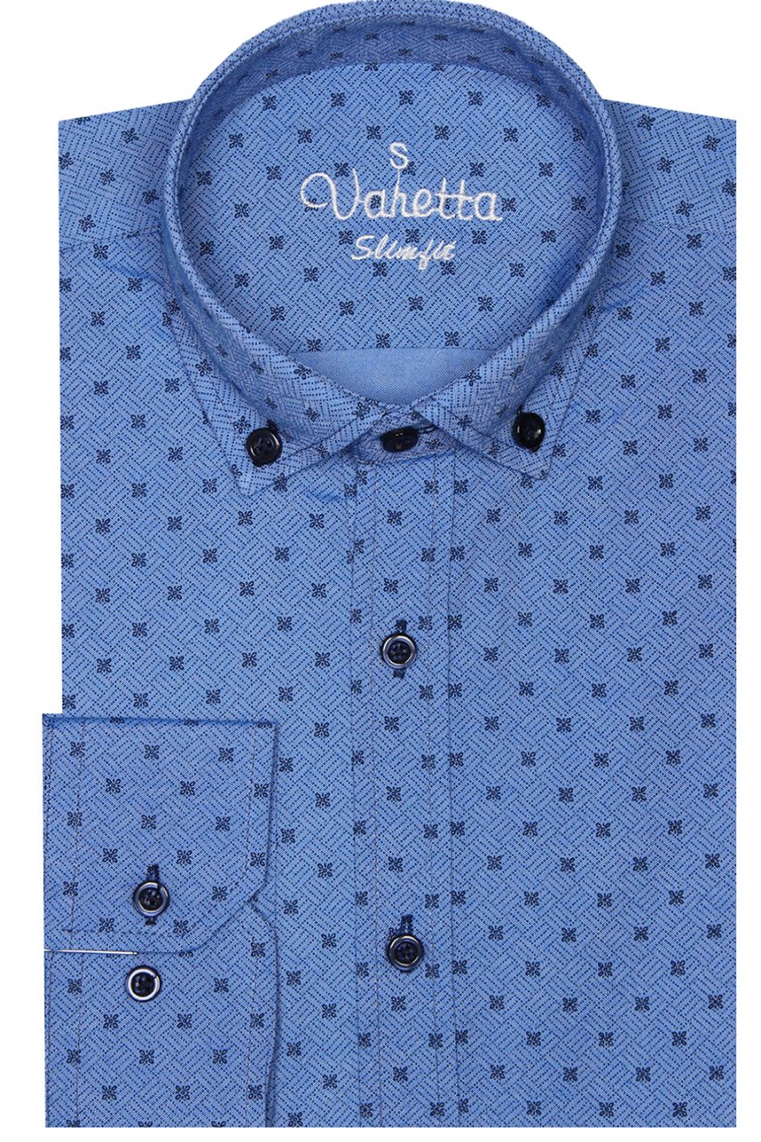 Erkek Slim Fit Mavi Desenli Koldan Katlamalı Erkek Gömlek