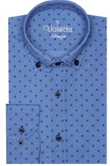 Erkek Slim Fit Mavi Desenli Koldan Katlamalı Erkek Gömlek