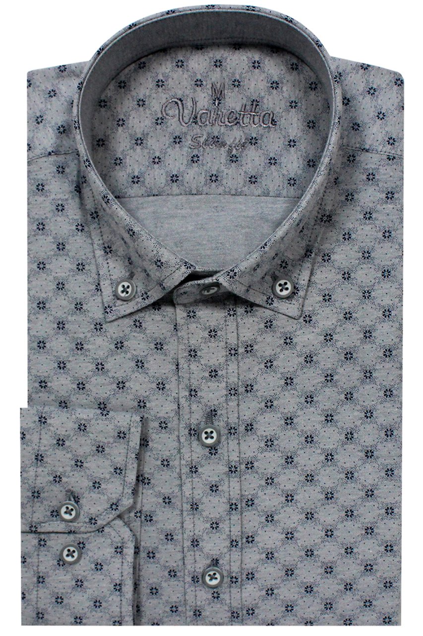 Erkek Slim Fit Gri Koldan Katlamalı Desenli Erkek Gömlek