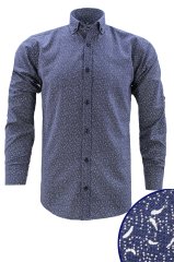 Erkek Slim Fit Lacivert Desenli Koldan Katlamalı Erkek Gömlek