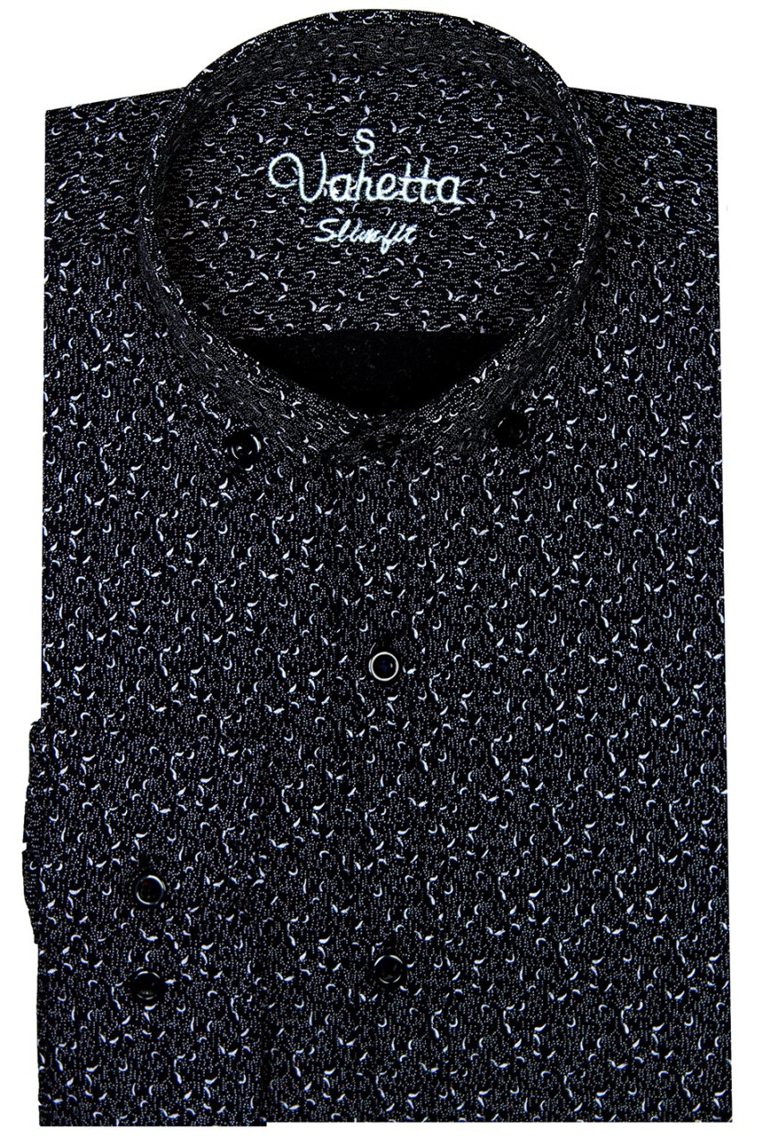 Erkek Slim Fit Siyah Desenli Koldan Katlamalı Erkek Gömlek