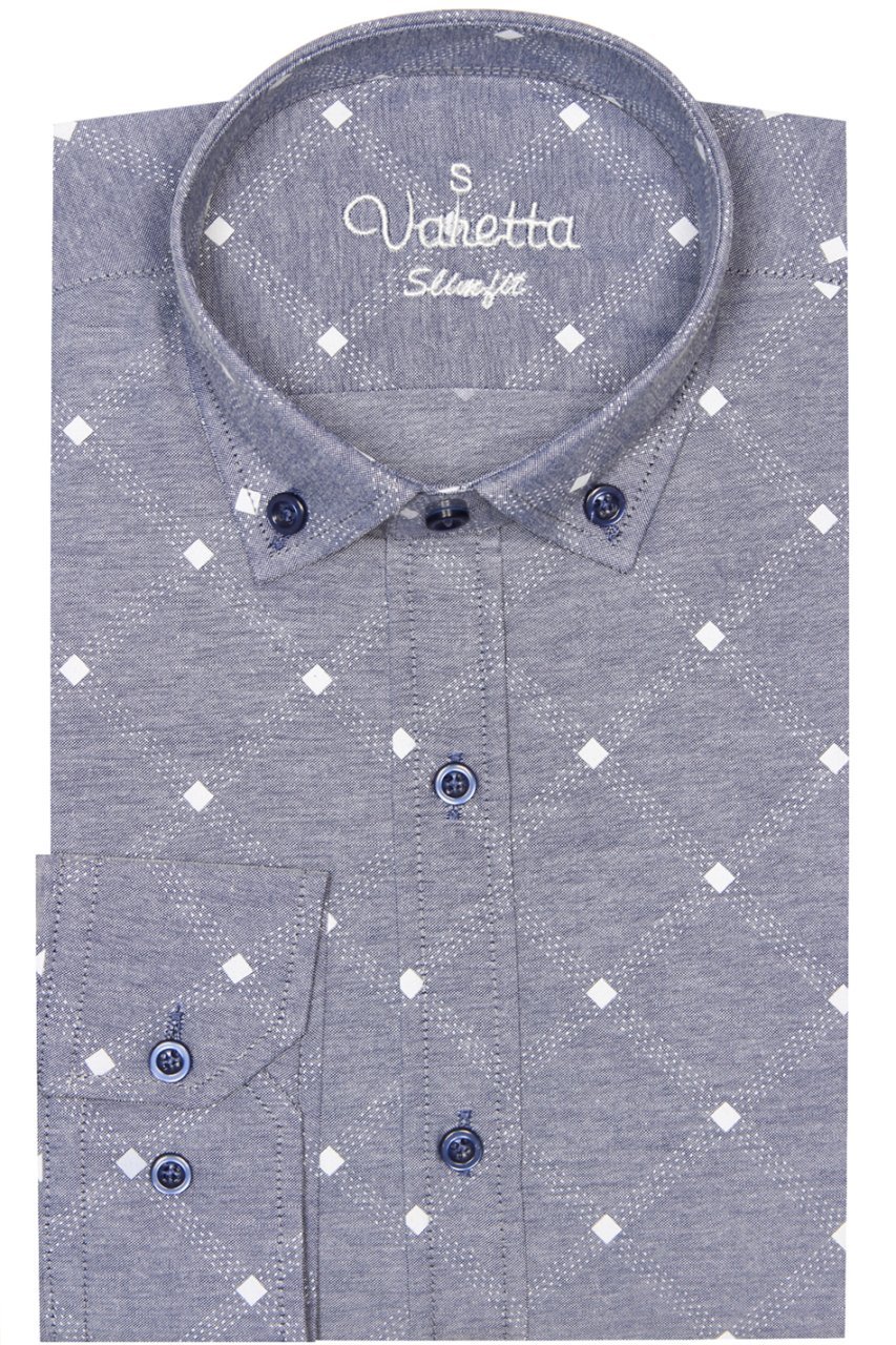 Erkek Slim Fit Gri Desenli Koldan Katlamalı Erkek Gömlek