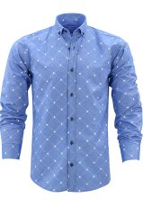 Erkek Slim Fit Mavi Baklava Desenli Koldan Katlamalı Erkek Gömlek