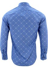 Erkek Slim Fit Mavi Baklava Desenli Koldan Katlamalı Erkek Gömlek