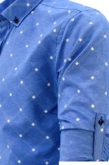 Erkek Slim Fit Mavi Baklava Desenli Koldan Katlamalı Erkek Gömlek