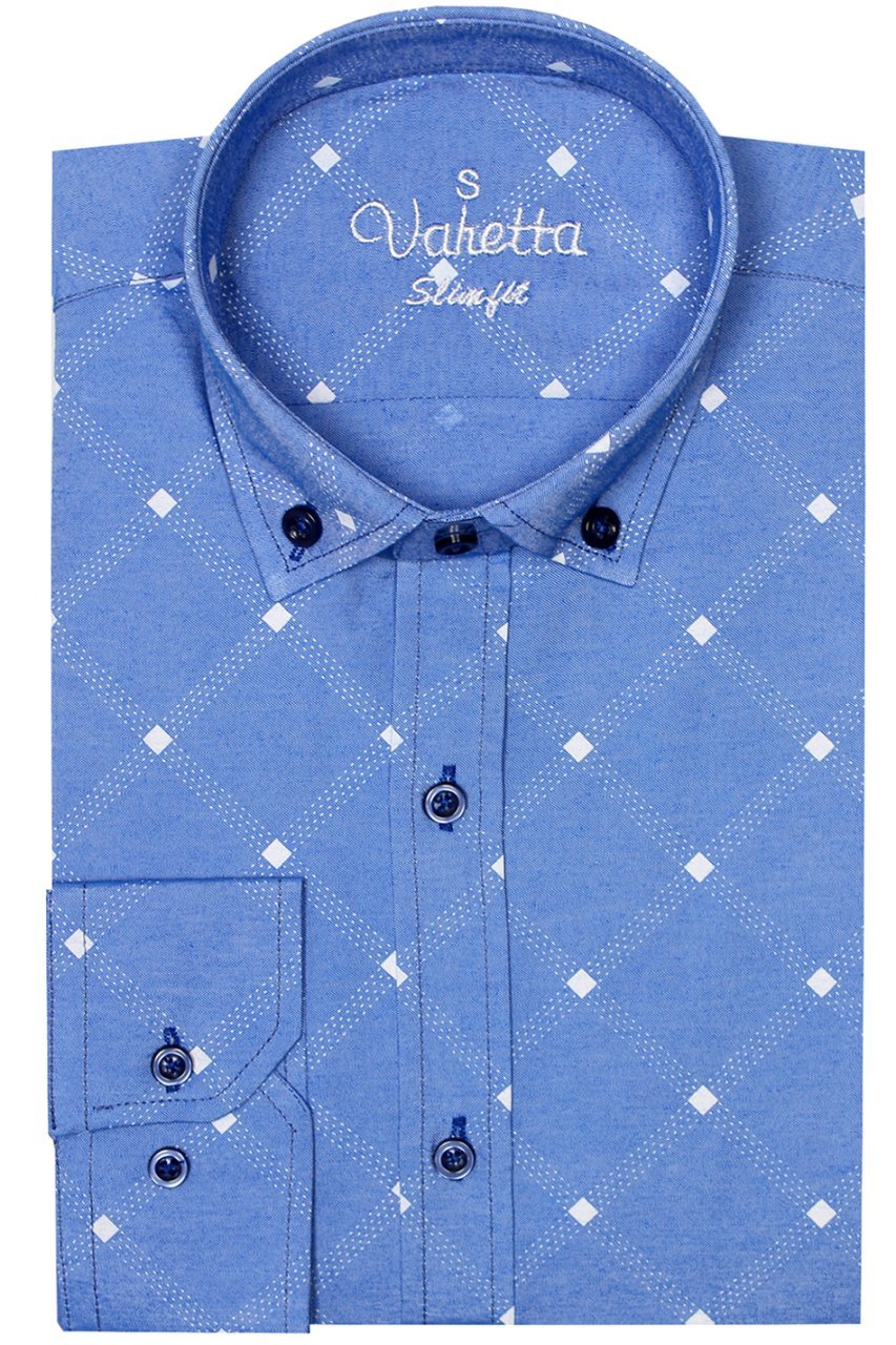 Erkek Slim Fit Mavi Baklava Desenli Koldan Katlamalı Erkek Gömlek