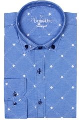 Erkek Slim Fit Mavi Baklava Desenli Koldan Katlamalı Erkek Gömlek