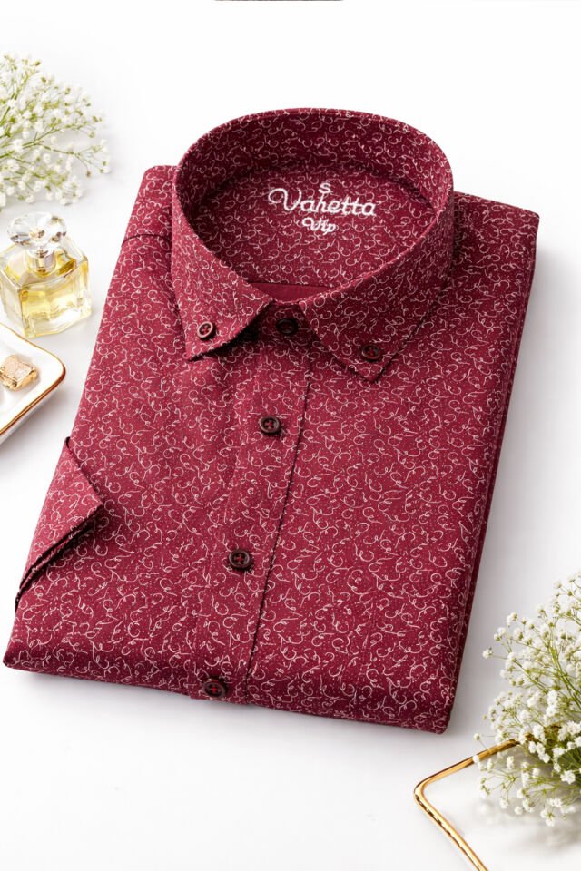 Varetta Erkek Bordo Kısa Kollu Gömlek Pamuklu Cepli Geniş Kesim