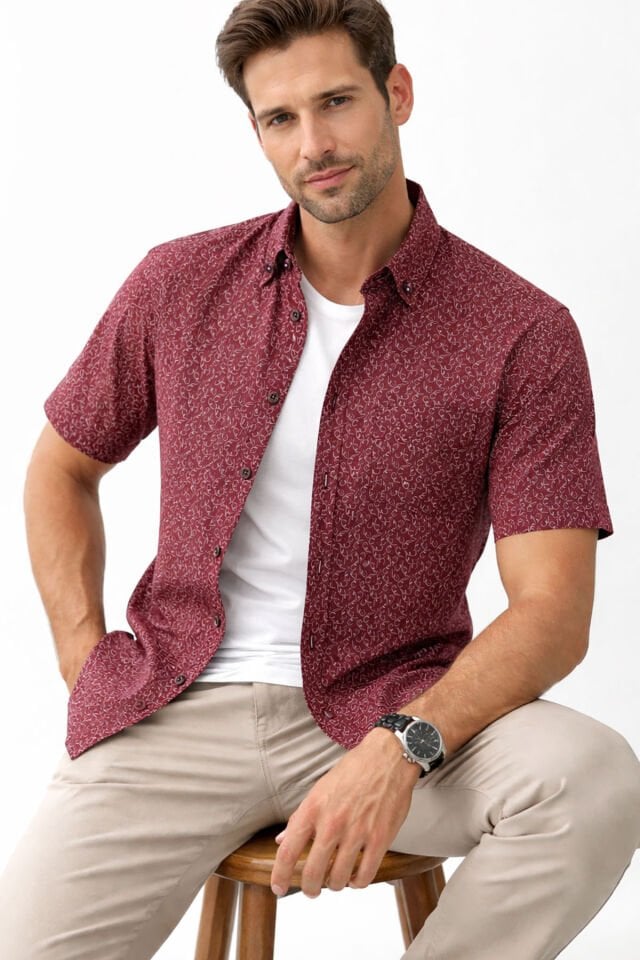 Varetta Erkek Bordo Kısa Kollu Gömlek Pamuklu Cepli Geniş Kesim