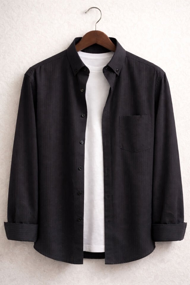 Varetta Erkek Siyah Büyük Beden Gömlek Çizgili Uzun Kollu Cepli