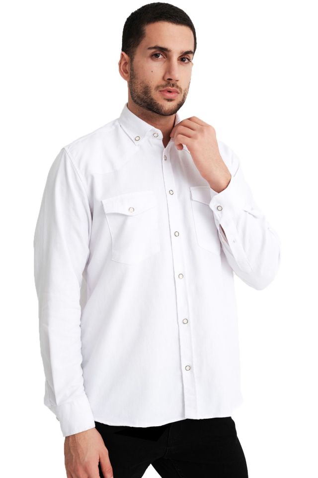 Varetta Erkek Beyaz Lewis Model Gabardin Çift Cepli Kot Gömlek