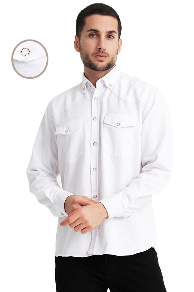 Varetta Erkek Beyaz Lewis Model Gabardin Çift Cepli Kot Gömlek
