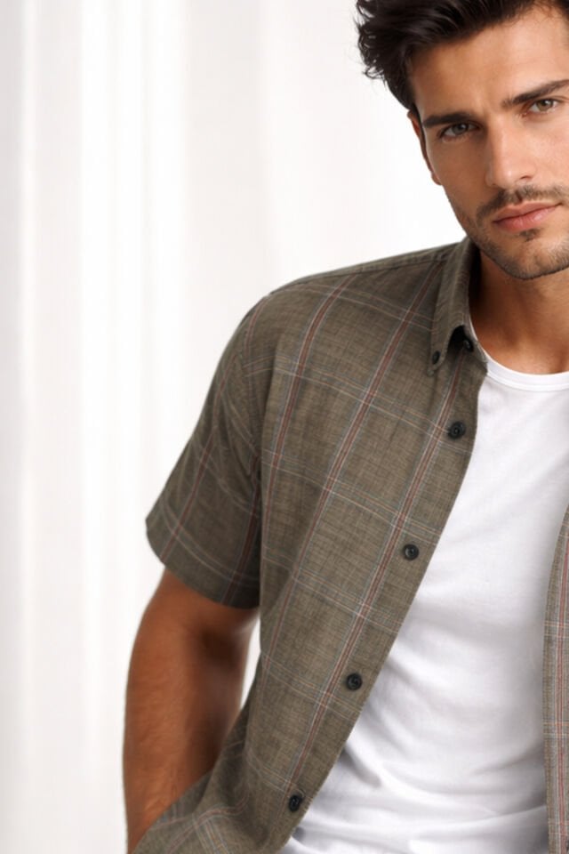 Varetta Yeşil Gömlek Tek Cepli Çizgili Kısa Kollu Pamuklu Yazlık