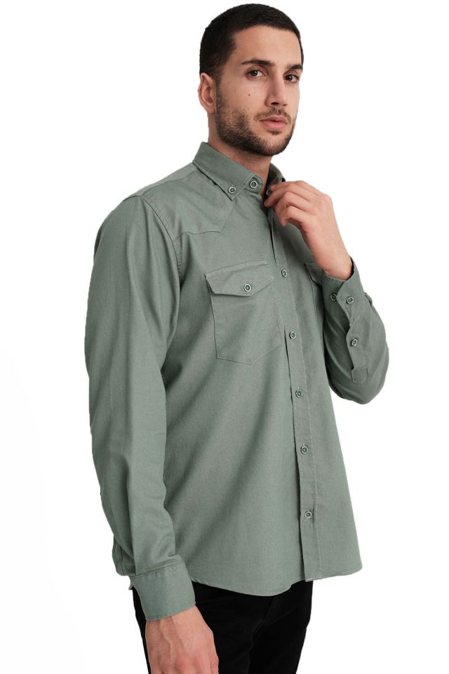 Varetta Erkek Yeşil Lewis Model Gabardin Çift Cepli Kot Gömlek