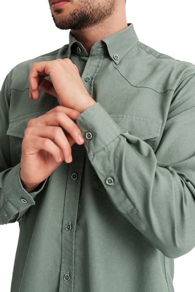 Varetta Erkek Yeşil Lewis Model Gabardin Çift Cepli Kot Gömlek
