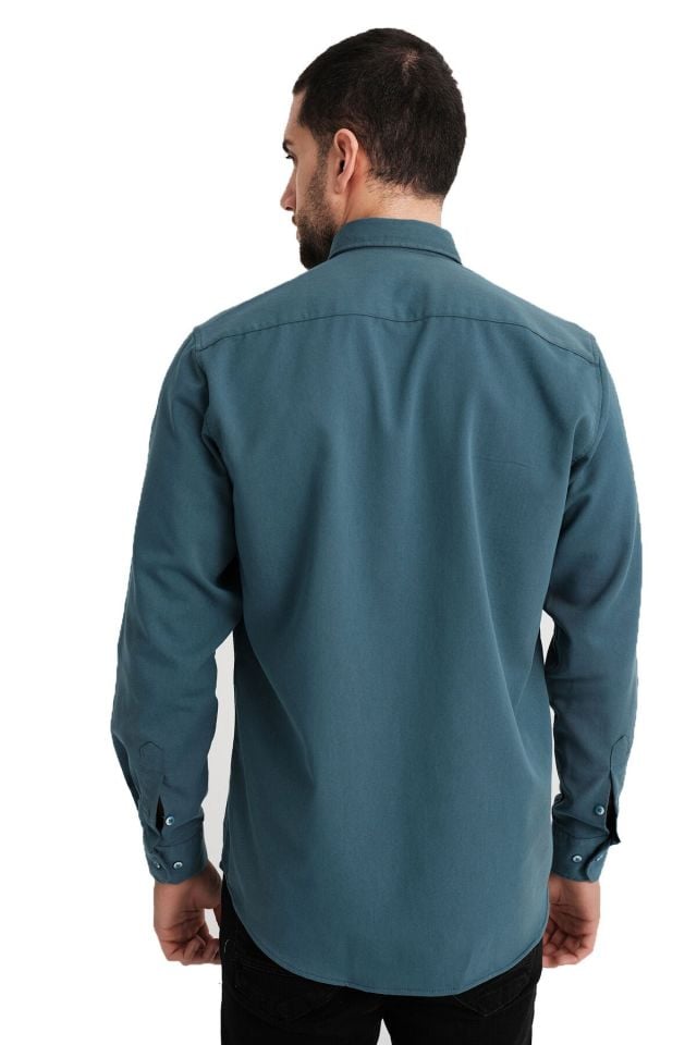 Varetta Erkek Koyu Turkuaz Mavi Denim Kapaklı Çift Cepli Kot Gömlek