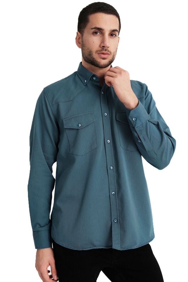 Varetta Erkek Koyu Turkuaz Mavi Denim Kapaklı Çift Cepli Kot Gömlek