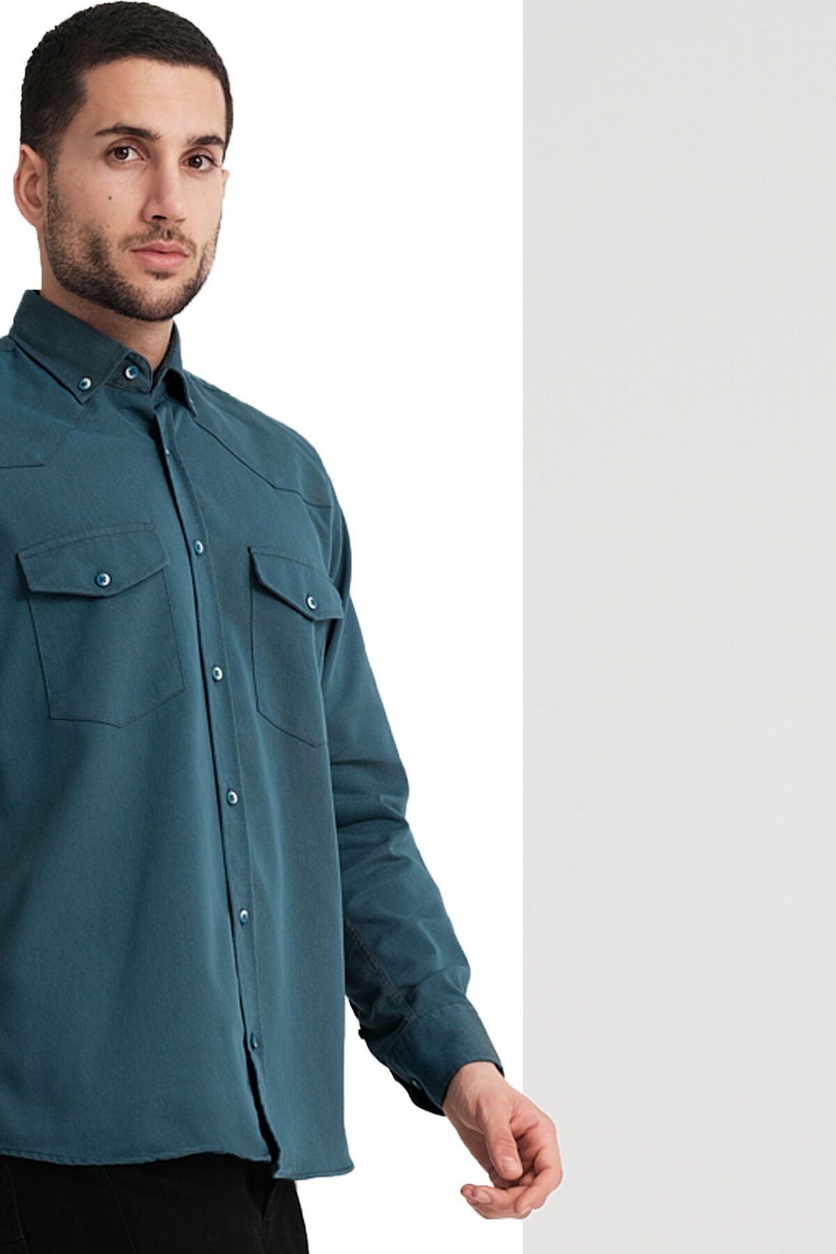 Varetta Erkek Koyu Turkuaz Mavi Denim Kapaklı Çift Cepli Kot Gömlek