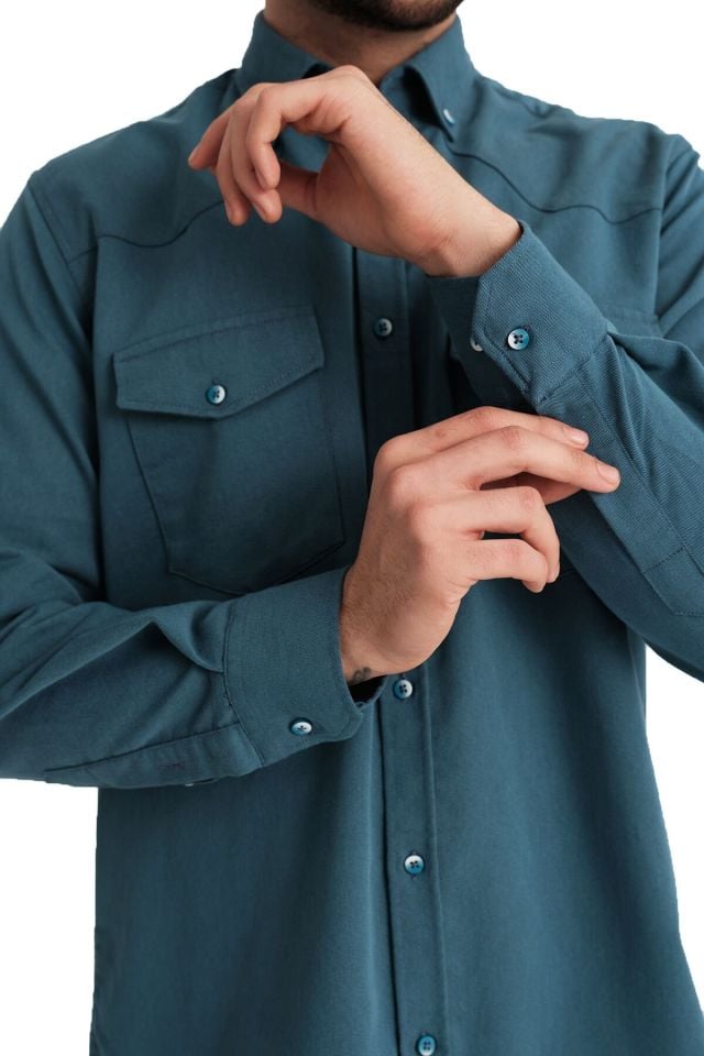 Varetta Erkek Koyu Turkuaz Mavi Denim Kapaklı Çift Cepli Kot Gömlek