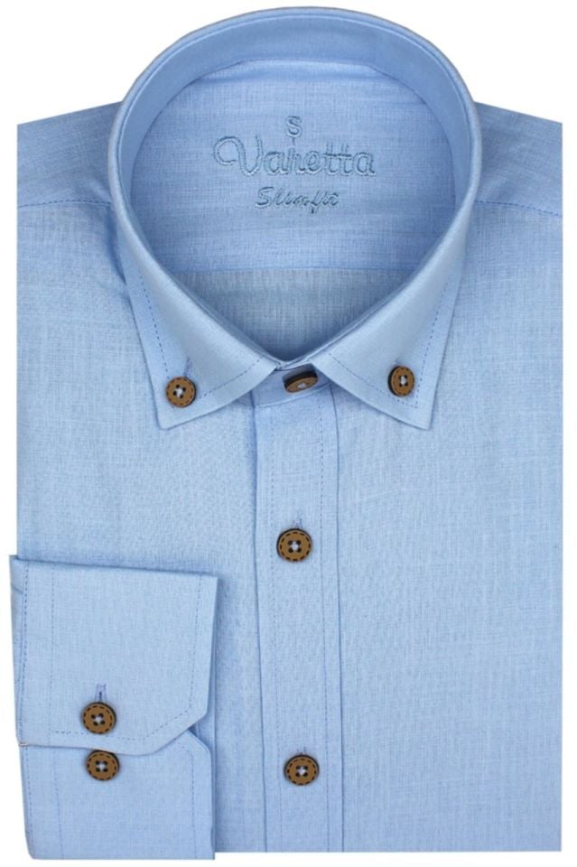 Erkek Gök Mavi Keten Slim Fit Uzun Kollu Gömlek