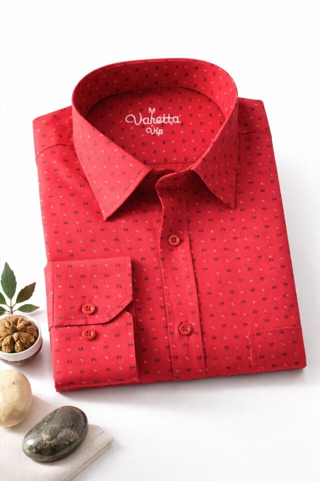 Varetta Erkek Kırmızı Gömlek Uzun Kollu Cepli Pamuklu Baskılı