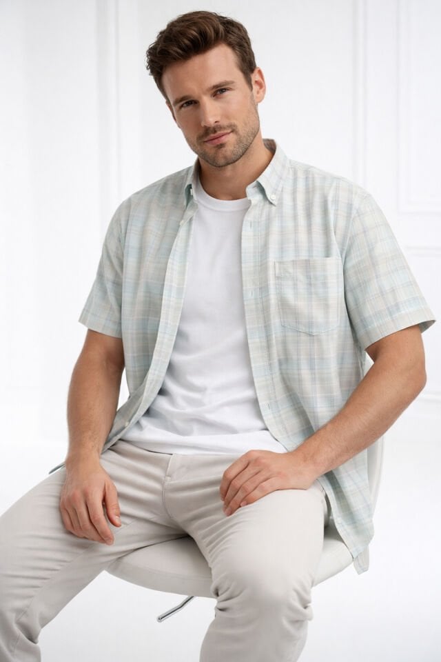 Varetta Su Yeşil Gömlek Kısa Kollu Pamuklu Yazlık Cepli Casual