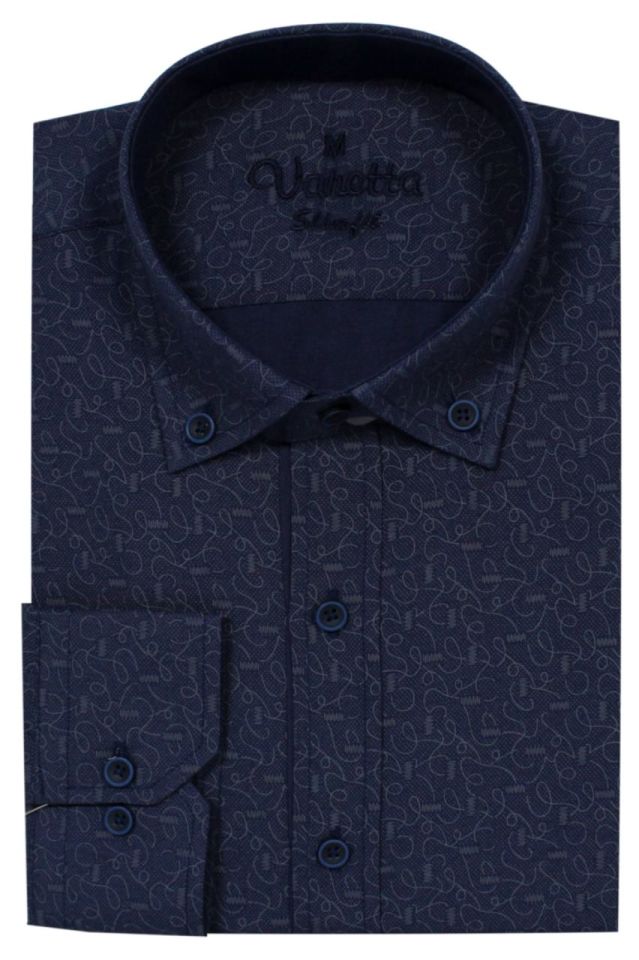 Erkek Lacivert Slim Fit Desenli Uzun Kollu Gömlek