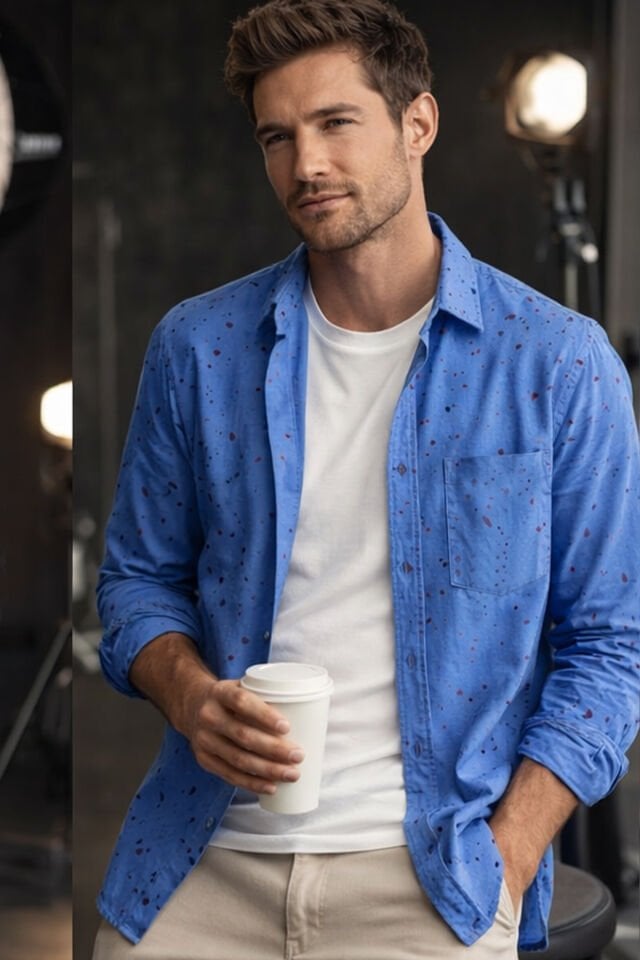 Varetta Erkek Lacivert Gömlek Uzun Kollu Cepli Geniş Kesim Baskılı Trend Casual Pamuklu