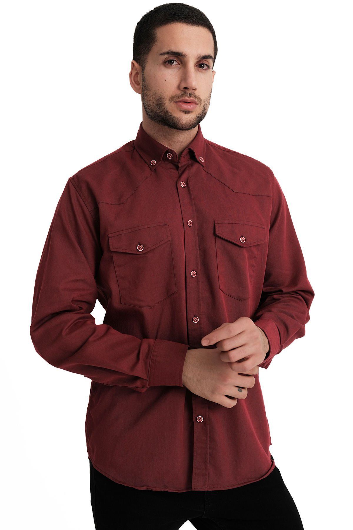 Varetta Erkek Koyu Kırmızı Lewis Model Gabardin Çift Cepli Kot Gömlek