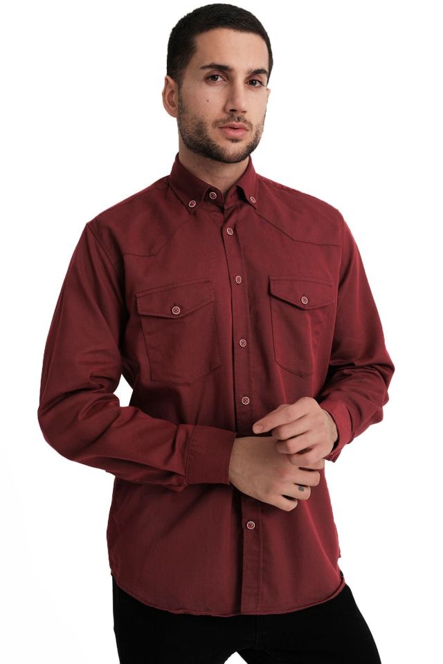 Varetta Erkek Koyu Kırmızı Lewis Model Gabardin Çift Cepli Kot Gömlek