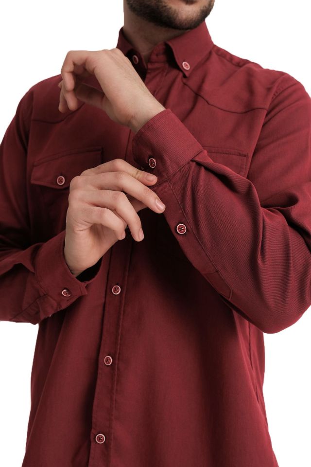 Varetta Erkek Koyu Kırmızı Lewis Model Gabardin Çift Cepli Kot Gömlek