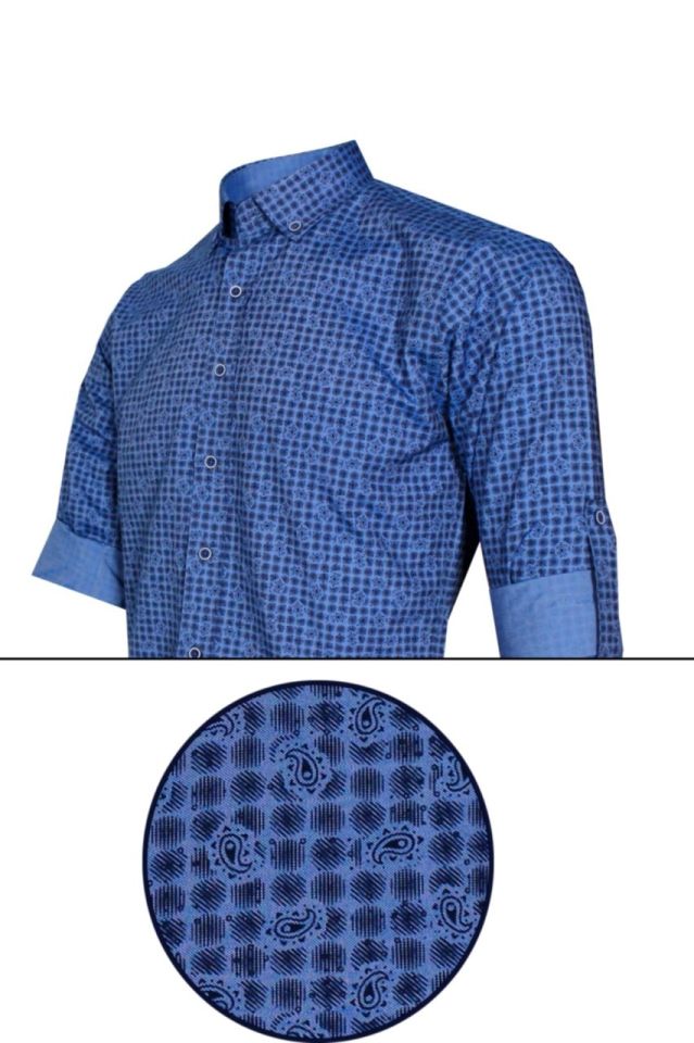 Erkek Slim Fit Mavi Desenli Koldan Katlamalı Erkek Gömlek